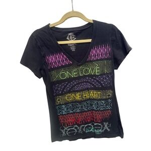 Catch A Fire Bob Marley One Love V-Neck Graphic Tee Black Womens Cotton
